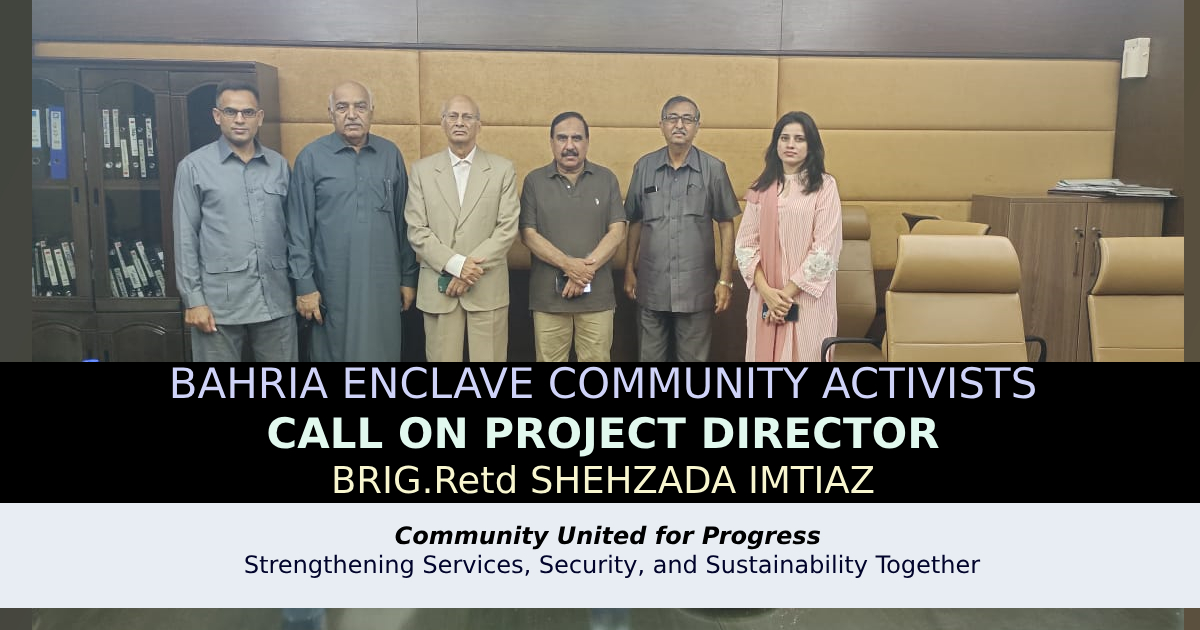 Community activists meet with Project Director Brig. (Retd) Shehzada Imtiaz to discuss welfare improvements, security measures, and development plans for the Enclave