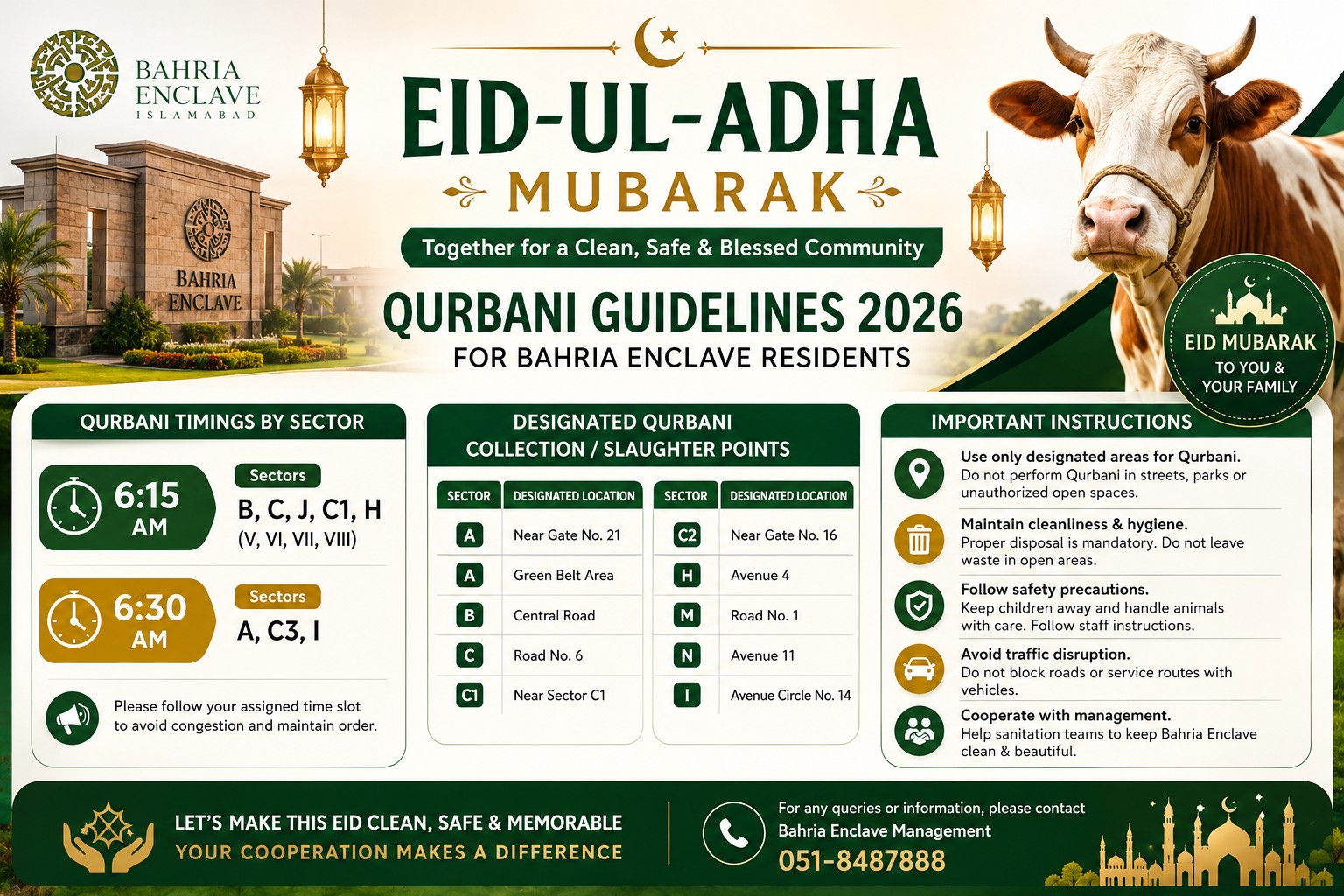 Bahria Enclave Islamabad Eid-ul-Adha 2026 Qurbani guidelines feature image showing official timings, designated qurbani areas, and resident instructions